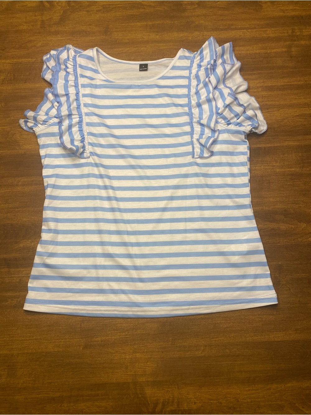 Ruffle Sleeve Stripe Tee - Light Blue & White